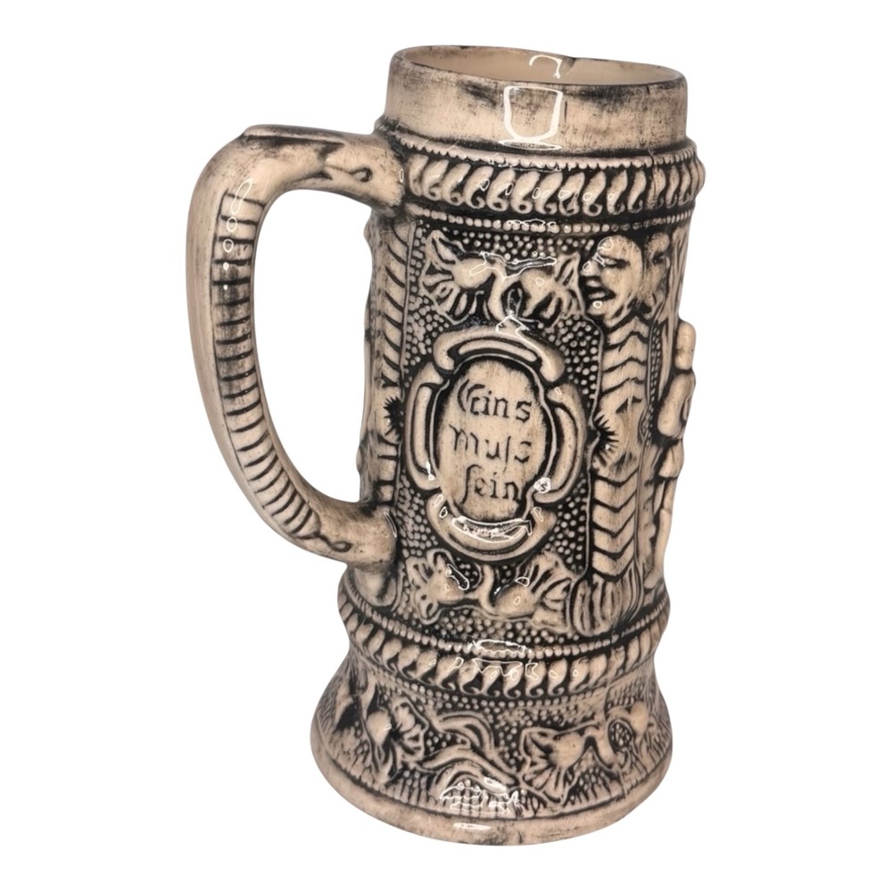 Vintage German Beer Stein Medieval Relief Ceramic Mug Bier Oder Wein Cream Black - Picture 3 of 6